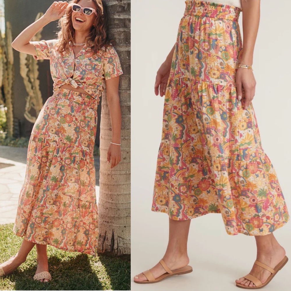 Marine Layer Womens Corinne Maxi Midi Skirt in Groovy Print Size Small